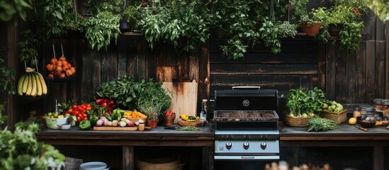 Fresh vegetables and a grill on a rustic wooden countertop with a wood backdrop.