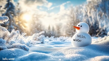 Snowman wishing hello winter in snowy landscape at sunset