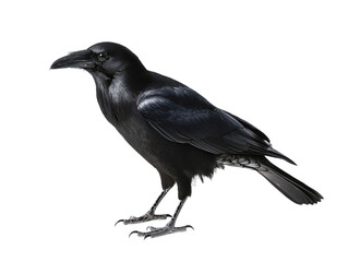 Obraz premium Black crow stands on one leg against isolated transparent background. Wings spread, tail feathers tucked. Head turned, beak pointed downwards. Gaze directed to right side. Alpha mask.