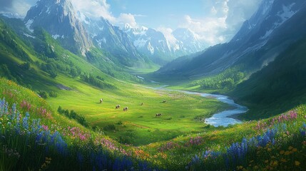 Naklejka premium A serene valley with a river meandering through a meadow of wildflowers and snow-capped mountains in the background.