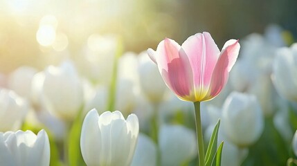 A single pink tulip blooms in a field of white tulips with the sun shining in the background.
