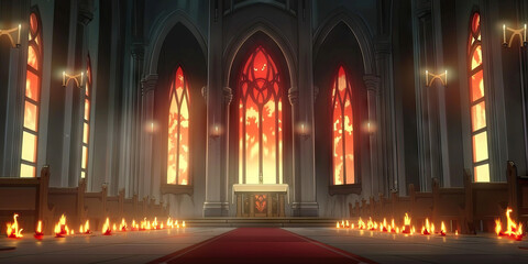 Obraz premium Cathedral: A gothic cathedral, its stained-glass windows casting ominous red light on the altar, adorned with arcane symbols.