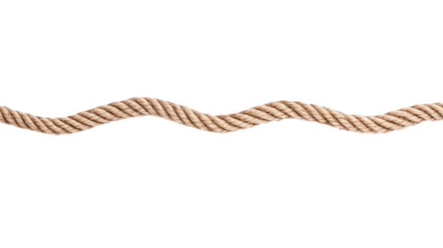 Close-up of coiled rope on alpha layer. Brown rope twisted, curly texture, natural fibers visible. Isolated object, single piece, top-down view. Rope curved shape, twisted pattern, tactile feel. Png.