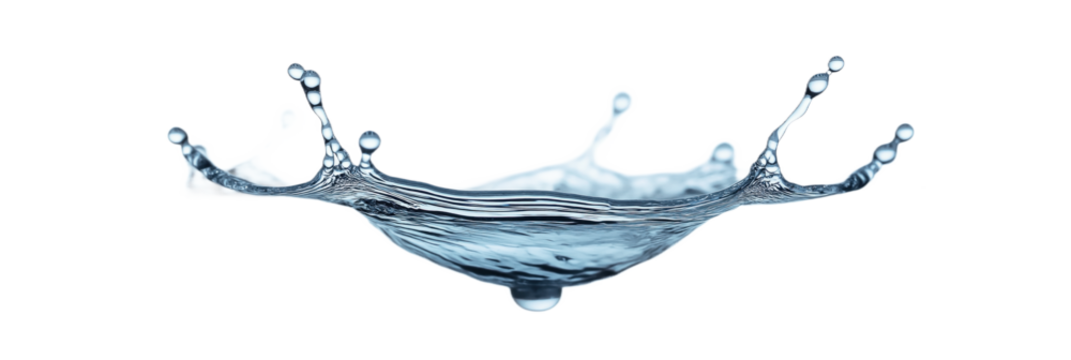 Single water drop suspended in mid-air, vibrant blue color, isolated on light gray background. Water droplet appears in motion, about to fall. No text or objects, constant position. Transparent.