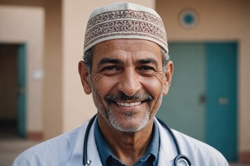 Close portrait of a smiling senior Moroccan man doctor looking at the camera, Moroccan hospital blurred background