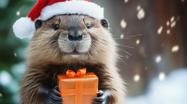 Adorable beaver in Santa hat holding a gift box with a bow, celebrating the holiday season in a winter setting