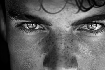 Extreme close-up of piercing eyes with light reflections, framed by dark hair.