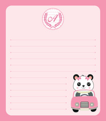 Cartoon, vector, cute character, panda bear in cart, background for party decoration, notebook, stationery