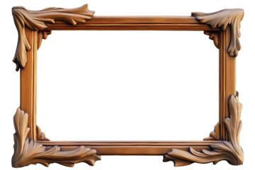 Wooden frame with rich brown hue, leaf-like design on corners. Rectangular shape, gray background. Brown wood, wooden texture, carved design, nature-inspired, picture frame, border, empty space, copy
