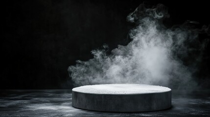 Empty round white podium in dark studio with grunge concrete floor smoke and spotlight