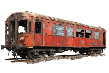 Fototapeta premium An abandoned rusty train car stands alone on old tracks. The red paint is peeling and fades. It tells a story of time and neglect. A haunting sight for photographers. Generative AI