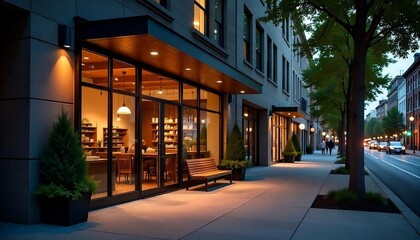 A modern storefront with large glass windows, sleek design, and warm lighting,  lush green plants, creating a welcoming atmosphere, cozy atmosphere, inviting urban setting, created with generative ai