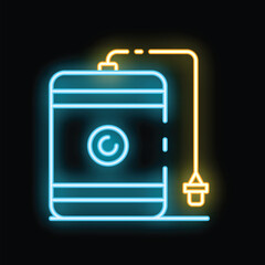 Bright neon icon of external hard drive glowing on black background