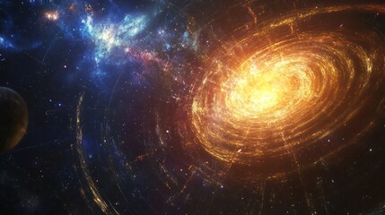 Fototapeta premium A swirling galaxy with a bright core and a planet in the distance.