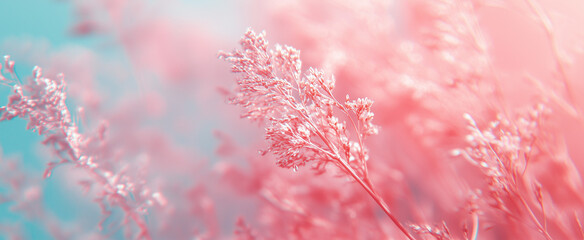 Fototapeta premium Soft Pink and Blue Banner with Abstract Botanical Plant Background and Copy Space