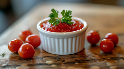 Tomato Sauce Dip with Fresh Cherry Tomatoes and Parsley on Wooden Table