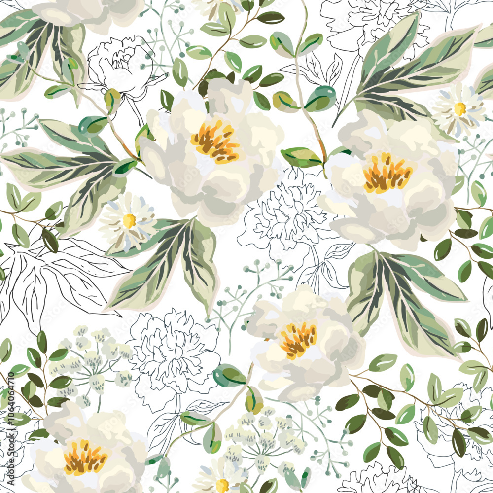 Wall mural Peonies, daisy flowers, green leaves, outline art on the white background. Vector floral illustration. Seamless pattern. Summer plants. Botanical design