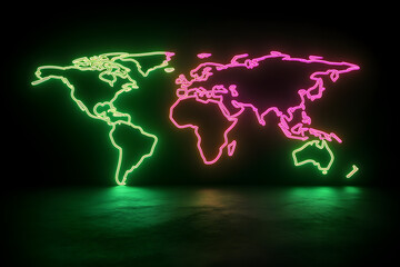 A striking neon wireframe map of the world with bold green and pink outlines set against a dark backdrop --ar 3:2 --s 50