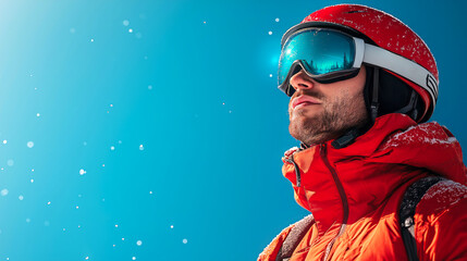 Confident skier in vibrant red jacket and helmet with mirrored goggles under clear blue sky, snowy mountain adventure concept