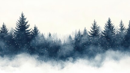 Fototapeta premium snowy pine trees covered in twinkling lights, peaceful winter night, watercolor effect, isolated on white background