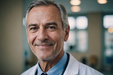 Obraz premium Close portrait of a smiling senior Sammarinese man doctor looking at the camera, Sammarinese hospital blurred background