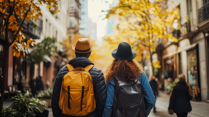 Fototapeta premium City Street Market with Autumn Leaves, Urban Lifestyle