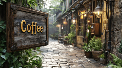 Old Town Coffee Shop Sign with Cobblestone Street and Greenery