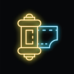 Fototapeta premium Glowing neon line photo camera film icon isolated on black background