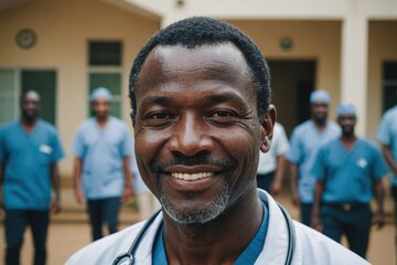Close portrait of a smiling senior Sierra Leonean man doctor looking at the camera, Sierra Leonean hospital blurred background