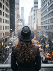 A woman with long curly hair wearing a black hat stands on a balcony overlooking a busy city...