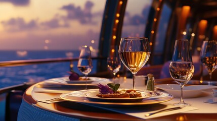 A romantic dinner for two on a luxury yacht at sunset with a glass of wine, appetizers, and an ocean view.