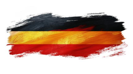 Vibrant flag design with red, yellow, black stripes in diagonal line movement. German national flag colors. Waving banner icon symbol of patriotism in EU country. Transparent isolated background.