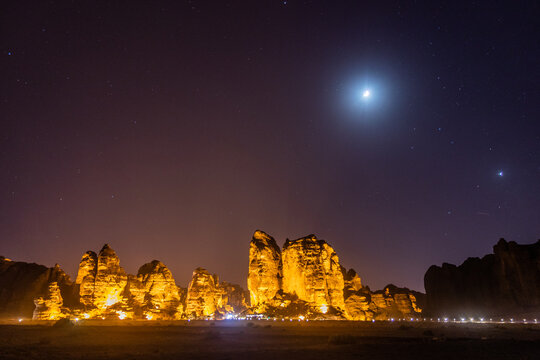 Night view of rock formations near Al Ula, Saudi Arabia