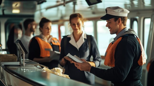 A captain in a white uniform and a black cap smiles and talks with his crew on a ship.