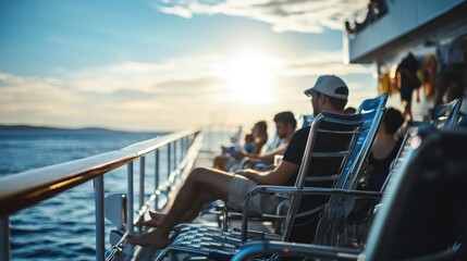 People relax on the deck of a boat as the sun sets on the horizon.