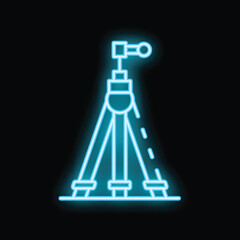 Blue neon icon of a tripod on a black background, symbolizing photography, video recording, and content creation