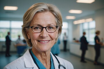 Fototapeta premium Close portrait of a smiling senior Swedish woman doctor looking at the camera, Swedish hospital blurred background
