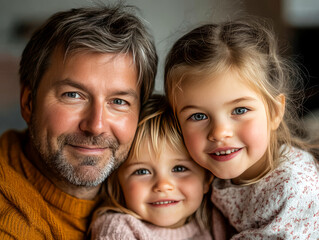 Father and daughter hugging, both smiling with warm affection.