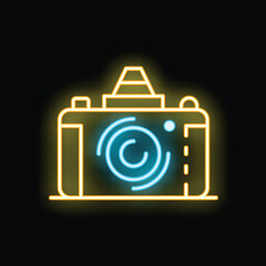 Bright neon camera glowing in the dark, representing the concept of photography and visual storytelling