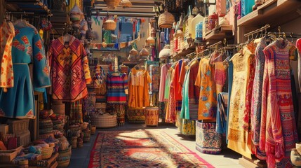 A vibrant market stall displays colorful clothing and textiles, inviting shoppers to browse and purchase.