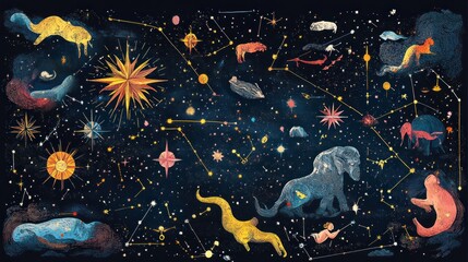 A whimsical illustration of a starry night sky with constellations shaped like various animals.