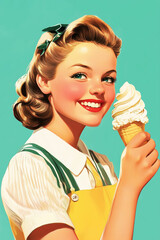 Smiling beautiful Girl eating ice cream. Poster in pin up style