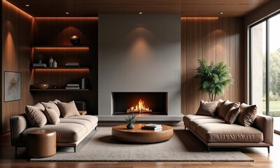 In the center of the living room, there is a cozy fireplace that creates a warm and inviting atmosphere for everyone present