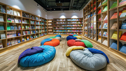 Obraz premium Colorful children's reading area with bean bags and wooden bookshelves in a bookstore.