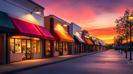 Sunset Street Scene with Storefronts and Awnings