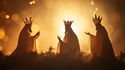 Three kings silhouette in papercut art with golden background for christmas decoration, epiphany celebration