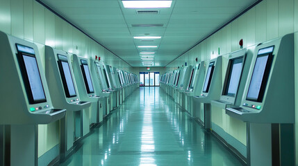 Obraz premium Futuristic Corridor with Rows of Touchscreen Kiosks