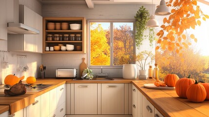 interior of modern kitchen with white and yellow autumn leaves