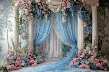 Enchanted Garden Photography Backdrop: Whimsical Garden Setting with Blue and Pink Florals, Lace, and Flowing Curtains for  Photoshoots