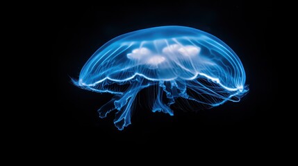 A luminous blue jellyfish floats in a black background.